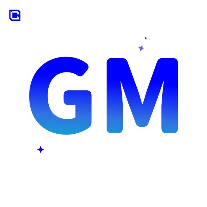 A graphic displays the letters 'GM' in a blue gradient font accompanied by small star icons on a white background.
