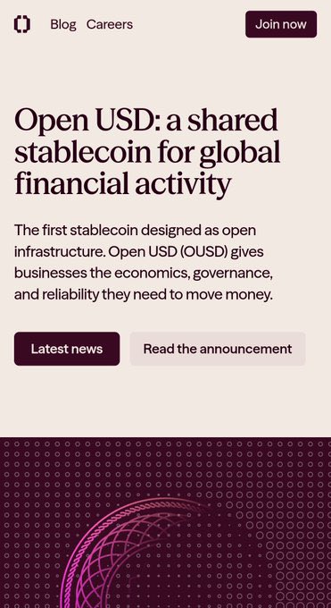 A webpage promoting "Open USD: a shared stablecoin for global financial activity," with text describing it as the first stablecoin designed as open infrastructure.