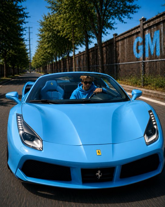 A bright blue Ferrari convertible driven by a person wearing a blue hoodie and sunglasses, traveling along a tree-lined road bordered by a wooden fence with blue 'GM' graffiti.