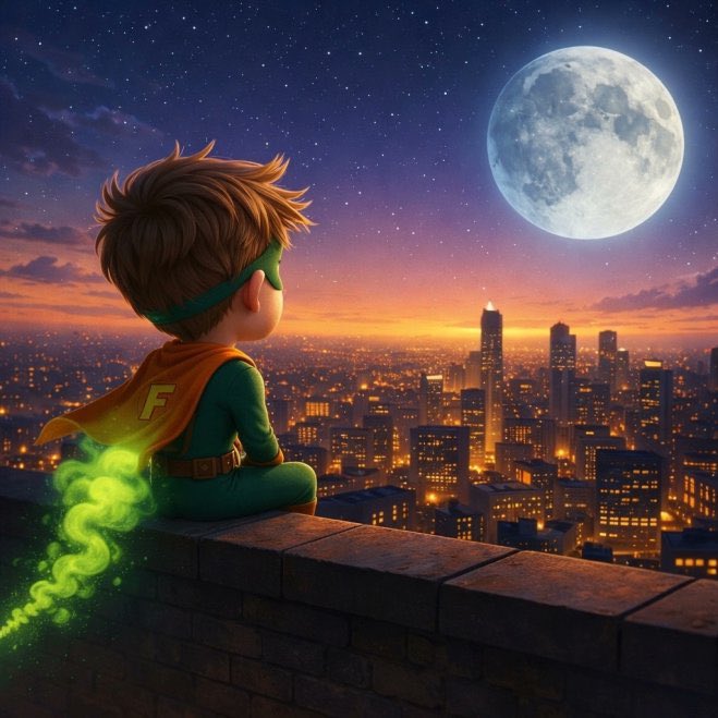 An animated scene features a young superhero in a green suit with an 'F' emblem on the cape, sitting on a rooftop at night gazing at a large full moon over a glowing cityscape.