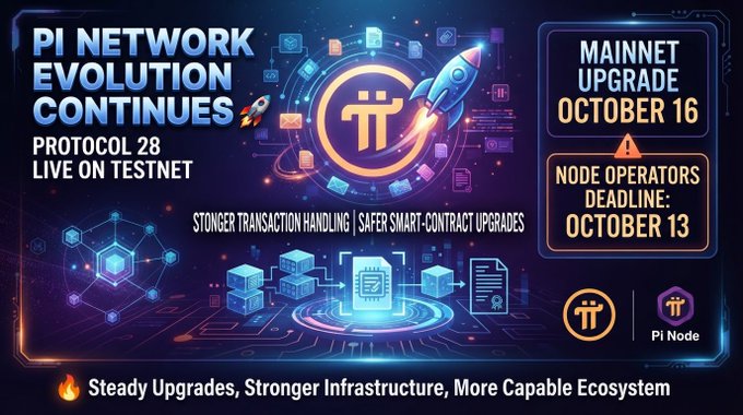 A promotional graphic titled 'PI NETWORK EVOLUTION CONTINUES' announcing Protocol 28 live on testnet, with mainnet upgrade on October 16 and node operators deadline October 13.