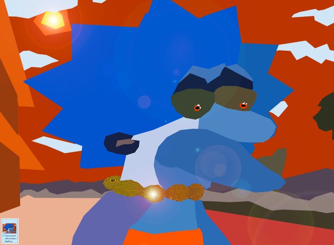 A low-poly digital painting depicts a blue Sonic-like hedgehog character wearing sunglasses and a gold chain against an orange and red background.
