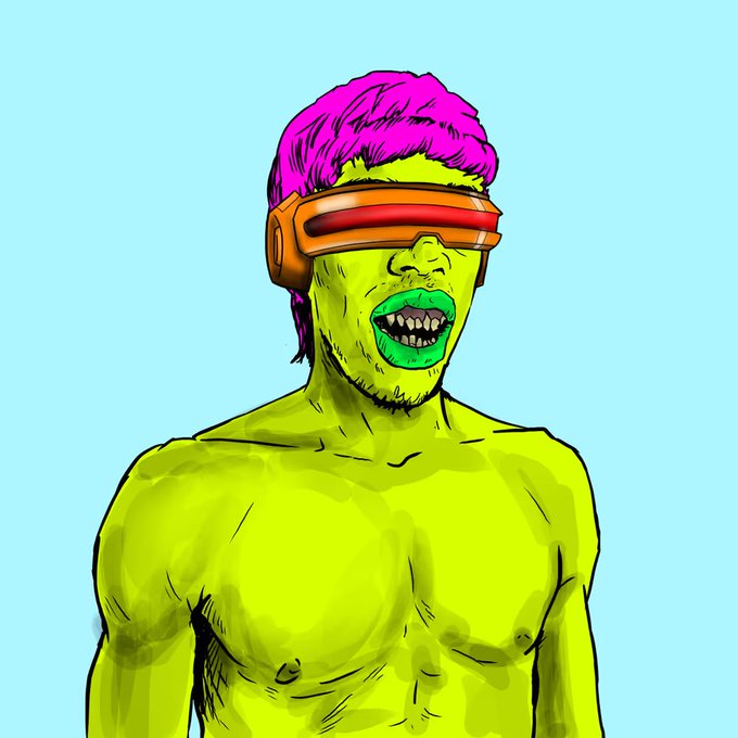 An illustration of a green-skinned muscular humanoid figure wearing a red VR headset, with bright pink hair and green lips, set against a solid light blue background.