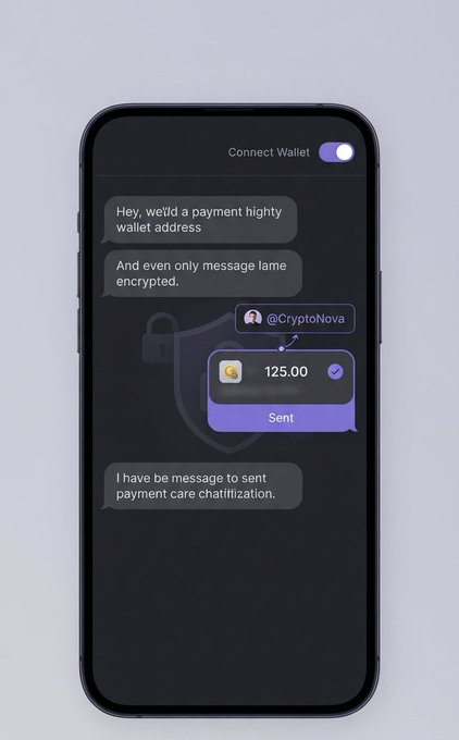 A smartphone mockup showing an encrypted messaging app with a crypto wallet payment of '125.00' sent to user @CryptoNova, featuring a 'Connect Wallet' toggle.