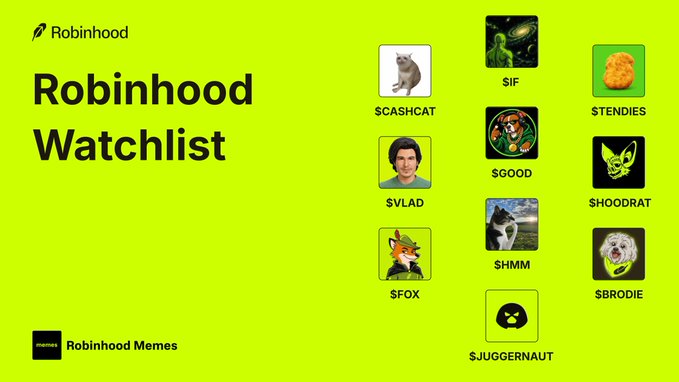 Robinhood Watchlist page featuring meme tokens including $CASHCAT, $SIF, $TENDIES, $VLAD, $GOOD, $HOODRAT, $FOX, $HMMM, $BRODIE, and $JUGGERNAUT.