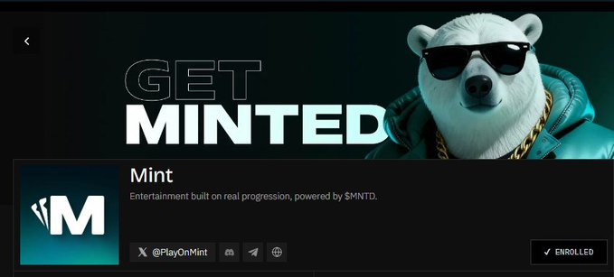 A promotional banner for 'Mint' featuring a polar bear wearing sunglasses and a gold chain with the text 'GET MINTED', describing entertainment built on real progression powered by $MNTD.
