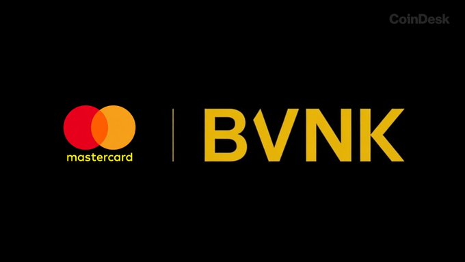 The image displays the Mastercard logo alongside the BVNK logo on a black background, with "CoinDesk" credited in the top right corner. The graphic visually represents Mastercard's announced acquisition of the stablecoin infrastructure firm BVNK, as highlighted in the accompanying news post.