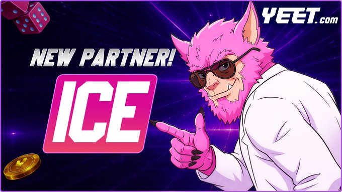 A vibrant promotional graphic featuring a pink anthropomorphic bat-like character wearing sunglasses pointing at the text "NEW PARTNER! ICE" and the YEET.com logo, announcing a partnership with the giveaway code "ICE" mentioned in the post.