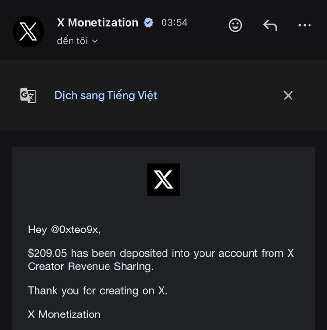 A screenshot of a direct message from X Monetization (verified account) notifying user @0xteo9x that $209.05 has been deposited into their account from X Creator Revenue Sharing.