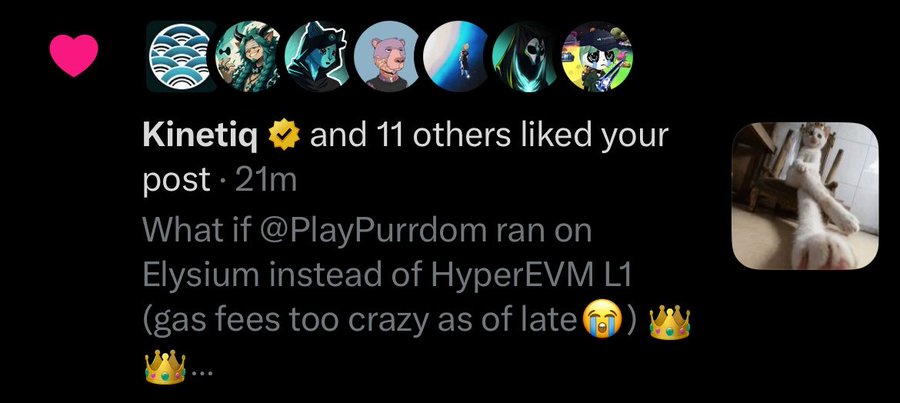 A social media post notification showing 12 users including Kinetiq liked a post asking 'What if @PlayPurrdom ran on Elysium instead of HyperEVM L1 (gas fees too crazy as of late 😅) 👑👑...'