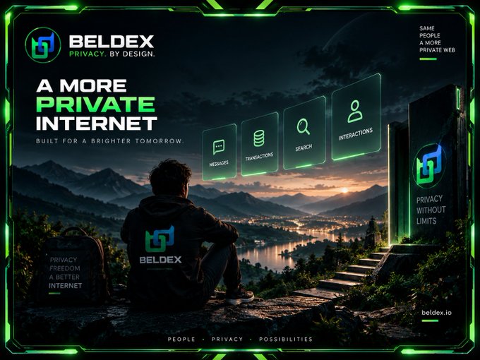 A digital promotional banner for 'BELDEX' advertising 'A MORE PRIVATE INTERNET BUILT FOR A BRIGHTER TOMORROW', featuring floating panels labeled 'MESSAGES', 'TRANSACTIONS', 'SEARCH', and 'INTERACTIONS'.