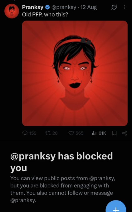 A screenshot of an X (formerly Twitter) post by @pranksy showing a red-themed cartoon portrait with text asking 'Old PFP, who is this?', along with a notification indicating the user has been blocked.