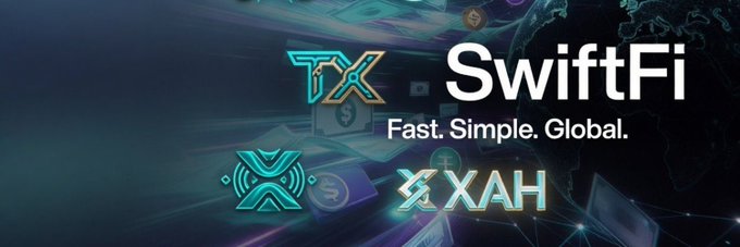 An advertisement for 'SwiftFi' reads 'Fast. Simple. Global.' featuring logos for TX and XAH cryptocurrency.