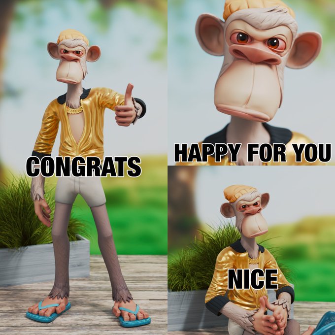 A three-panel meme featuring a 3D-rendered monkey character in a gold jacket and shorts giving thumbs-up gestures, captioned 'CONGRATS', 'HAPPY FOR YOU', and 'NICE'.
