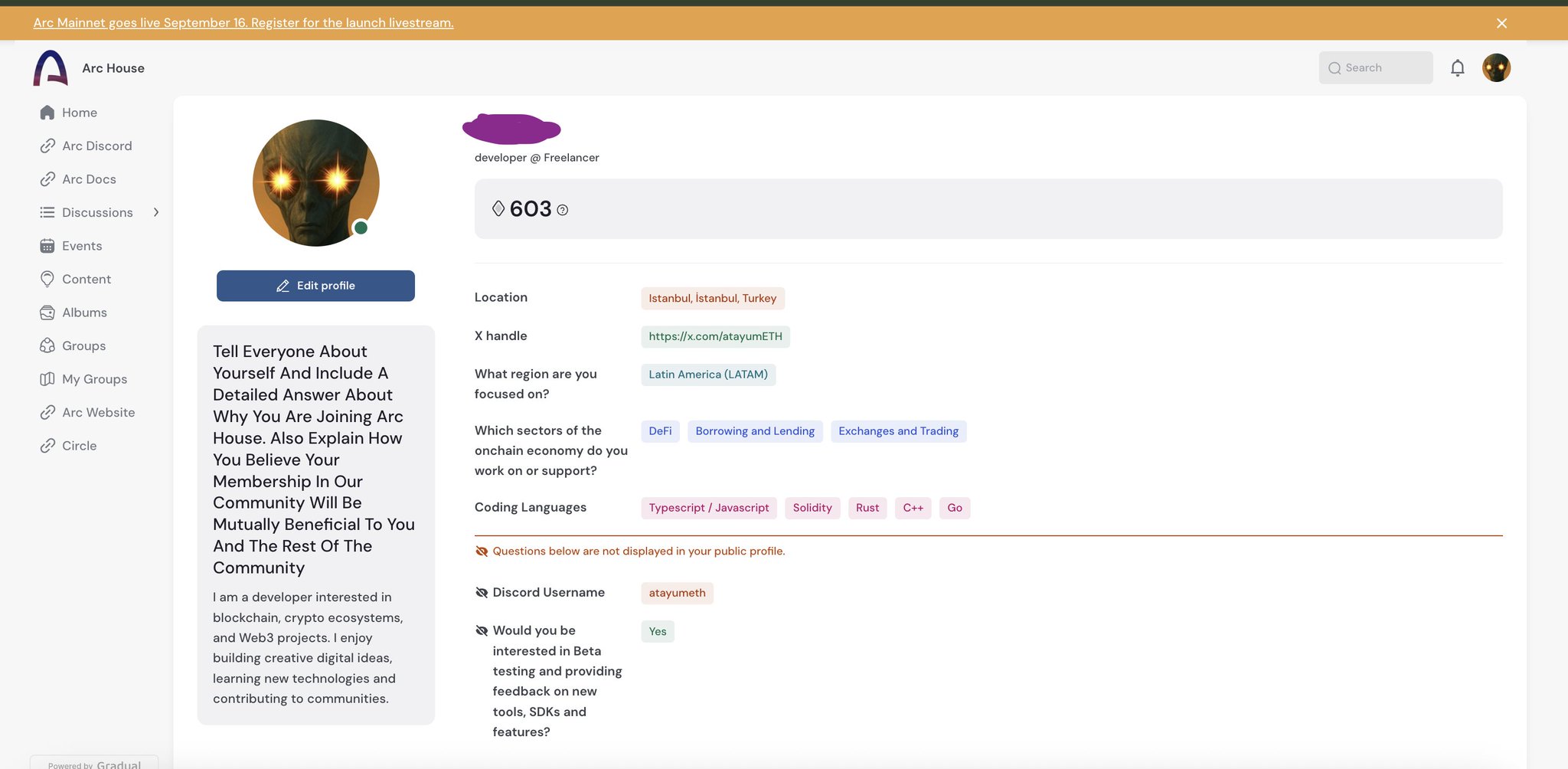 A user profile page on 'Arc House' for a developer and freelancer, showing 603 points, located in Istanbul, Turkey, with interests in DeFi, Borrowing and Lending, and Exchanges and Trading, coding in Typescript/Javascript, Solidity, Rust, C++, and Go.