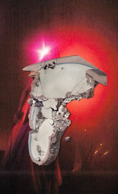A photograph of a deteriorating concrete structure resembling a broken birdbath or pedestal, dramatically lit by a bright pink light source from above.