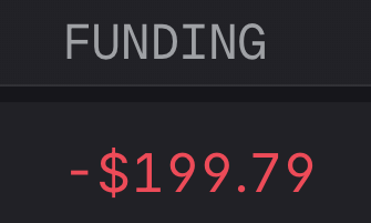 A black screen displays the word 'FUNDING' in large white letters above a red negative value of '-$199.79'.