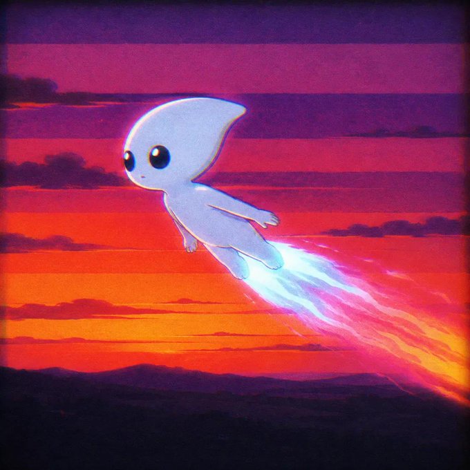 A whimsical illustration of a small blue alien-like creature flying with a glowing pink and orange flame trail against a striped sunset sky.