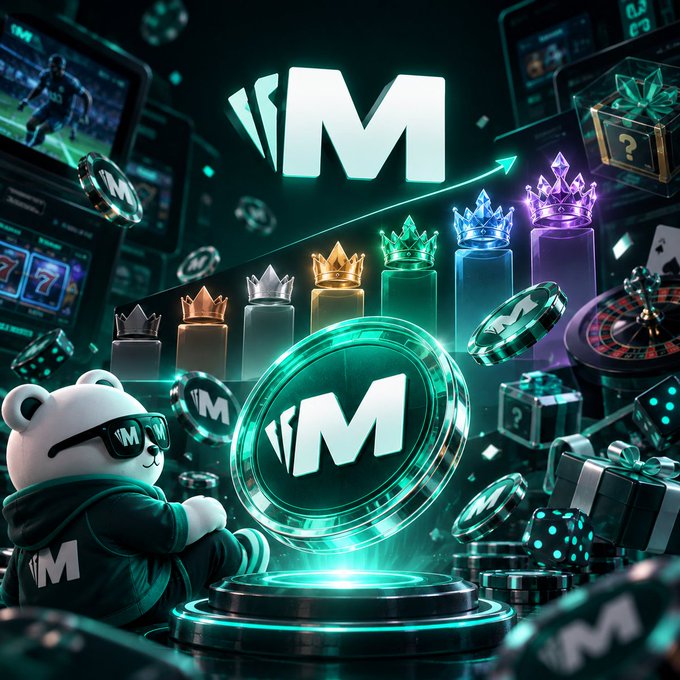 A vibrant, 3D digital illustration features a panda mascot in sunglasses next to a large coin branded with 'M', surrounded by crowns, dice, loot boxes, and gaming elements.