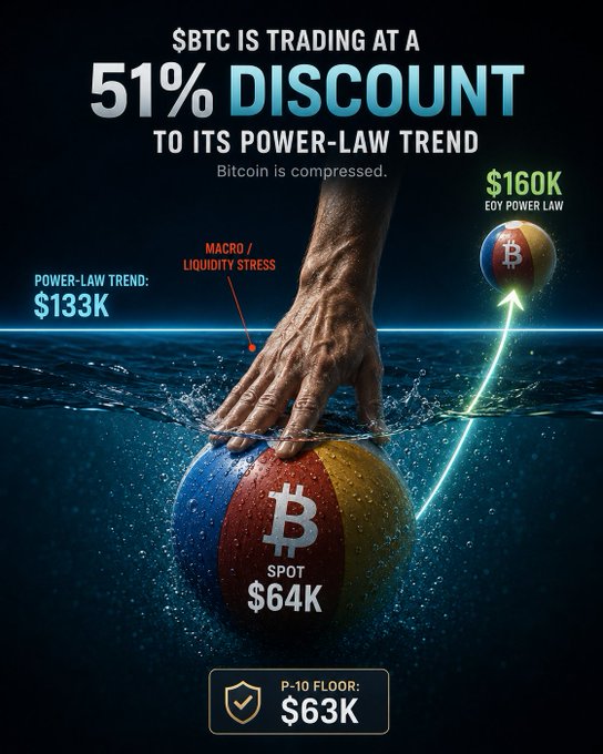 The image shows a hand pushing down on a beach ball submerged under water, with a price tag attached that reads "Spot: $64K EOY Power law: $133K EOY Macro is holding the beach ball underwater. When pressure releases, it rips". The caption indicates that this scene represents the current market trends for cryptocurrency, specifically bitcoin. The beach ball and hand symbolize the rise of a new crypto trend or a significant drop in value, while the price tag provides context on its worth at $64K.