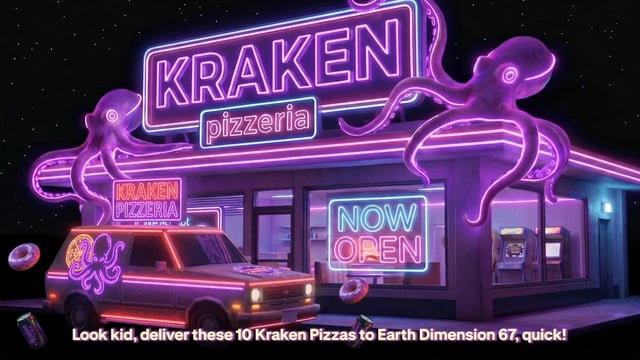 The image features a pizza shop called "Kraken Pizzeria". It has neon signs that read "Kraken Pizzeria" and "Now Open", indicating that the pizzeria is open for business. The neon lights are purple, which adds a unique and eye-catching element to the scene. In the background, there's an image of a pizza with tentacles on it, further emphasizing the theme of the restaurant.