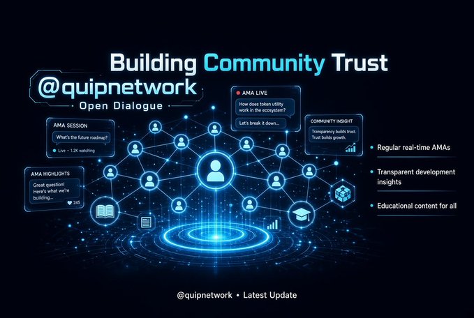 A futuristic infographic titled "Building Community Trust @quipnetwork" showcases an interconnected network of users with highlighted features including AMA Sessions with 1.2K watching, an AMA Live discussing token utility in the ecosystem, AMA Highlights with 245 likes, and a Community Insight about transparent trust building. The visual reinforces the post's message about Quip Network's active community engagement through real-time AMAs, transparent development insights, and educational content designed to build user trust.