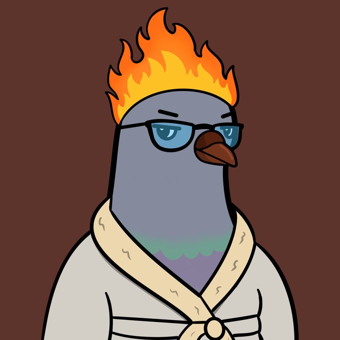 A cartoon pigeon with a flame 'haircut' wears blue-tinted sunglasses and a white robe with a beige collar.
