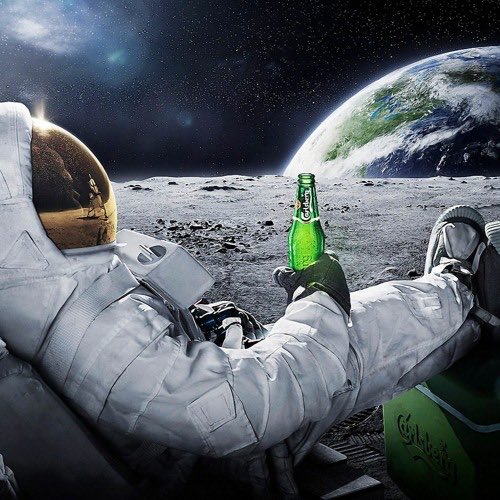 An astronaut in a white spacesuit relaxes on the lunar surface holding a green beer bottle, with Earth and a starry sky in the background. The image's cosmic, "moon mission" vibe and laid-back posture mirror the post's aspirational tone — capturing the fantasy of effortless wealth as $NEET is framed as the coin that will "align the stars" for those who don't want to work but want to get rich.