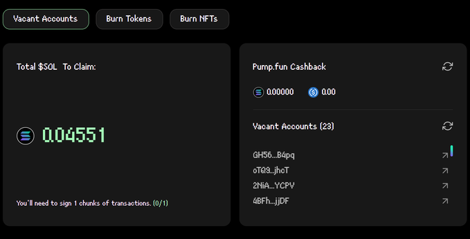 A cryptocurrency dashboard interface with tabs labeled 'Vacant Accounts', 'Burn Tokens', and 'Burn NFTs', showing 'Total $SOL To Claim: 0.04551' and a 'Pump.fun Cashback' section listing 23 vacant accounts.