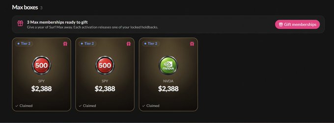 A dark-themed digital interface displays 'Max boxes' with three Tier 2 membership boxes priced at $2,388 each containing 500 SPY or NVIDIA tokens, all marked as 'Claimed,' with a 'Gift membership' button.