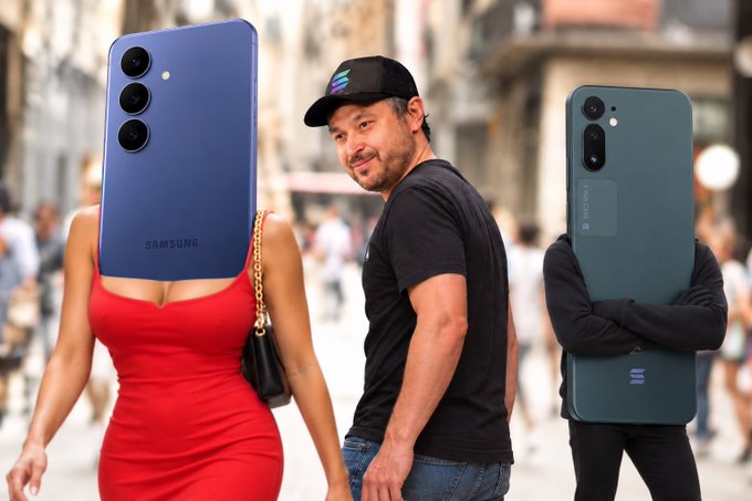 Three people on a city street have their faces humorously replaced with oversized Samsung Galaxy smartphones—one blue with "SAMSUNG" text visible on the back—visually representing the breaking news about Samsung's partnership enabling USDC stablecoin transfers across Solana to 82 million Galaxy devices.