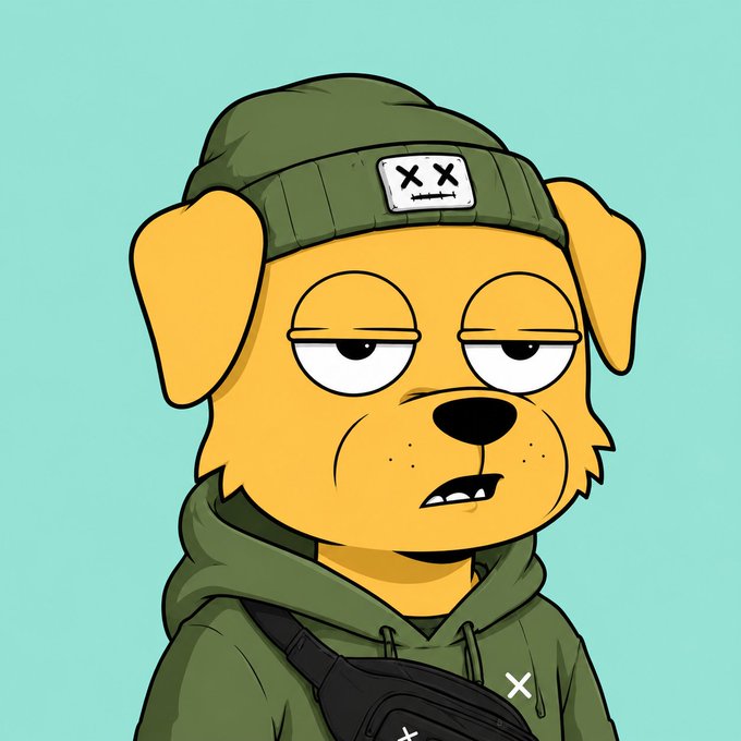 A cartoon dog character with a tired expression wears a green beanie with 'XX' eyes and a green hoodie, set against a mint green background.