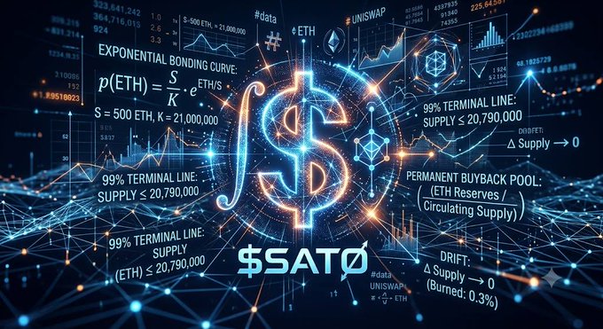 A digital graphic with a glowing dollar sign and '$SATO' text, displaying formulas and data related to ETH supply, including 'EXPONENTIAL BONDING CURVE' and '99% TERMINAL LINE'.