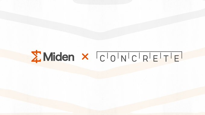Graphic displaying logos for 'Miden' and 'CONCRETE' separated by an X symbol on a beige and white wavy background.