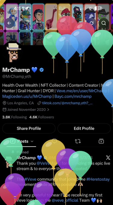 An X (Twitter) profile page for MrChamp (@MrChamp_eth), verified NFT Collector and Content Creator, showing 3.8K Following and 4.6K Followers, with colorful NFT artwork and balloons decorating the profile.