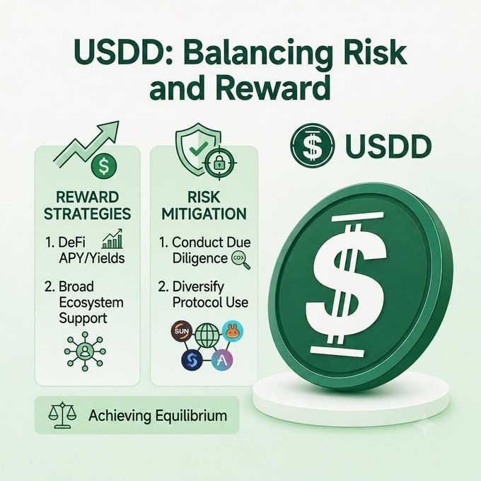 An infographic titled "USDD: Balancing Risk and Reward" illustrates a framework for managing USDD holdings, featuring a large green USDD coin alongside two pillars: "Reward Strategies" (DeFi APY/Yields and Broad Ecosystem Support) and "Risk Mitigation" (Conduct Due Diligence and Diversify Protocol Use), with an "Achieving Equilibrium" scale at the bottom. The visual reinforces the post's message about diversification by showing how balancing yield-generating opportunities with risk-reducing practices helps create a more stable crypto portfolio.