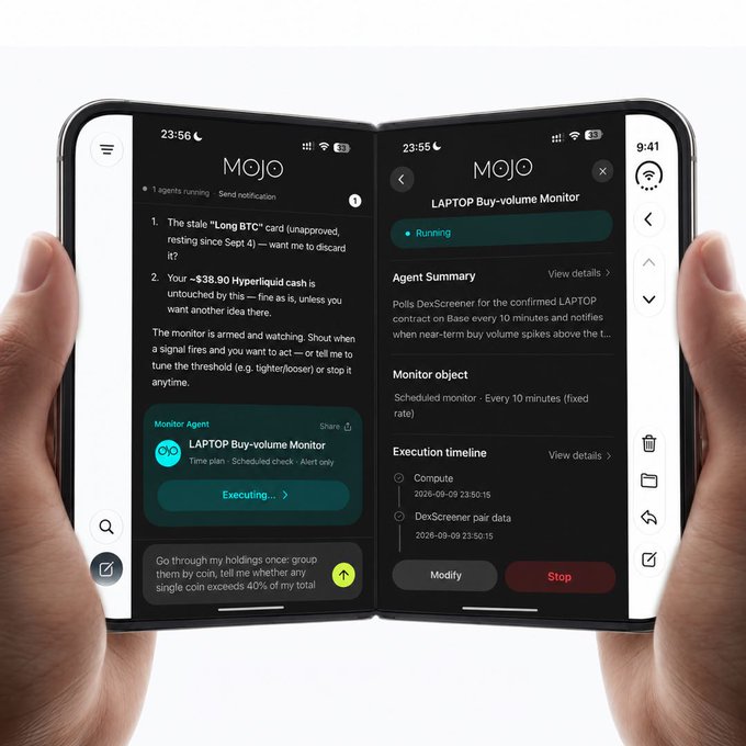A foldable device displays the "MOJO" app in dark mode, showing a chat-style command to "Go through my holdings once: group them by coin, tell me whether any single coin exceeds 40% of my total" alongside an active "LAPTOP Buy-volume Monitor" agent that is "Polling DexScreener" every 10 minutes—visually capturing the post's claim that an iPhone now functions as a 24/7 autonomous trading desk.