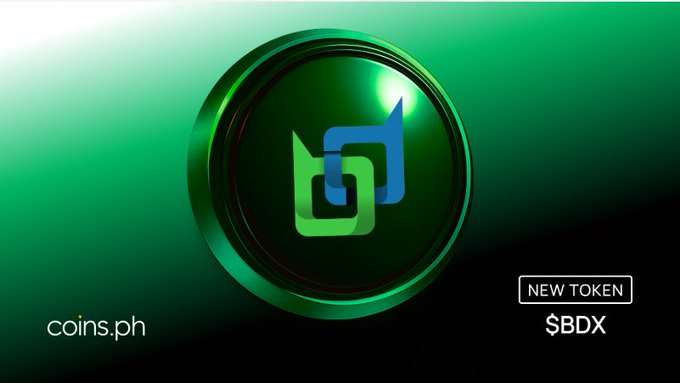 A promotional graphic for coins.ph featuring a green and blue circular logo, advertising a 'NEW TOKEN $BDX' on a gradient green background.