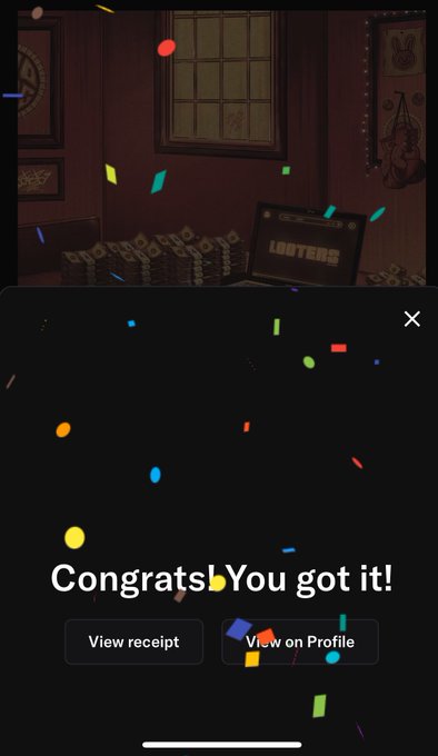 Screenshot of a celebration screen reading 'Congrats You got it!' with confetti animation and buttons to view receipt or profile.