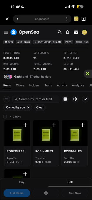 This image shows an OpenSea marketplace listing for the "ROBINMILFS" NFT collection on the Robinhood Chain, displaying a floor price of 0.0346 ETH with 38 listed (11.4%) and 4 items owned by the user. The screenshot supports the post by confirming the collection details mentioned: the user owns 4 NFTs, which matches their statement of "still holding 4" after selling two, while the floor and volume data validate their bullish sentiment about the project.