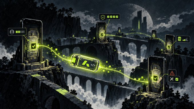 A digital artwork depicting smartphones standing on stone bridges over a misty landscape, connected by glowing green data streams and displaying shield icons and code symbols.