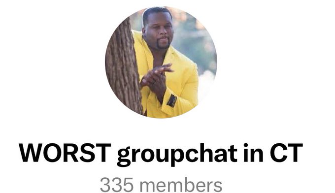 A circular profile picture of a man in a yellow jacket leaning against a tree, positioned above the group name 'WORST groupchat in CT' which has 335 members.