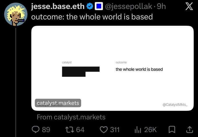 A tweet from jesse.base.eth (@jessepollak) showing a prediction market from catalyst.markets with the outcome 'the whole world is based', receiving 311 likes and 26K views.