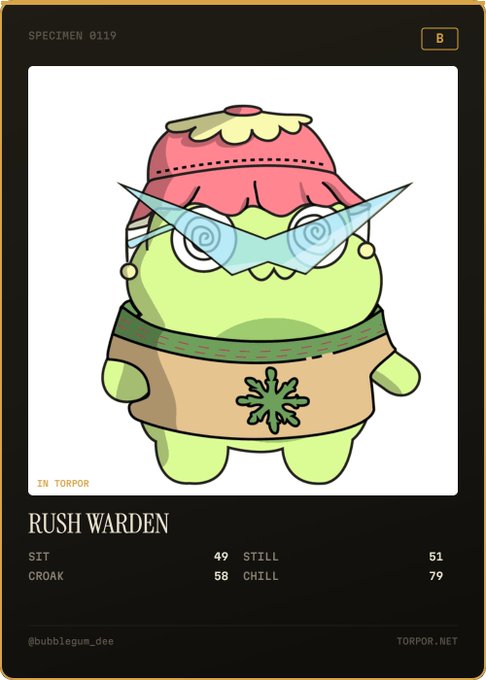A character card titled 'SPECIMEN 0119' featuring a cartoon creature named 'RUSH WARDEN' with stats for SIT (49), CROAK (58), STILL (51), and CHILL (79), labeled 'IN TORPOR'.
