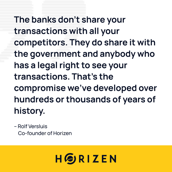 A quote graphic from Horizen featuring a statement by co-founder Rolf Versluis about banks sharing transaction data with the government and legally entitled parties rather than competitors, displayed above a yellow banner with the Horizen logo.