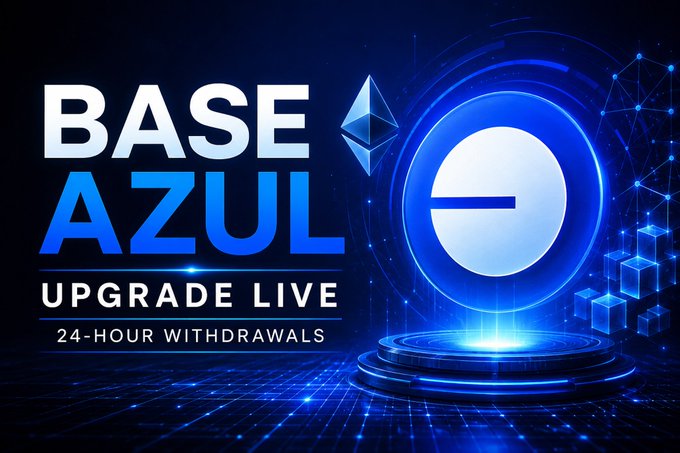 The image features a blue background with white text that reads "Base Azul Upgrade Live" at the top, followed by an image of a blue circle with a white line through it. The caption below the image states "Good Morning Everyone..!! BREAKING: @Base has activated the Azul upgrade on mainnet, marking a major milestone in its decentralization roadmap".