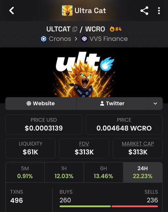 A crypto tracking app screenshot showing the ULTCAT/WCRO token pair on VVS Finance, with a price of $0.0003139 USD, market cap of $313K, and a 22.23% gain over 24 hours.