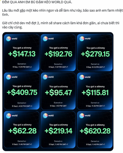 A Vietnamese-language image titled "ĐÈM QUA ANH EM BÚ ĐẦM KÉO WORLD QUÁ" showing multiple Worldcoin reward notifications with earnings ranging from +$62.28 to +$620.28, earned on 9 Sept at various times.