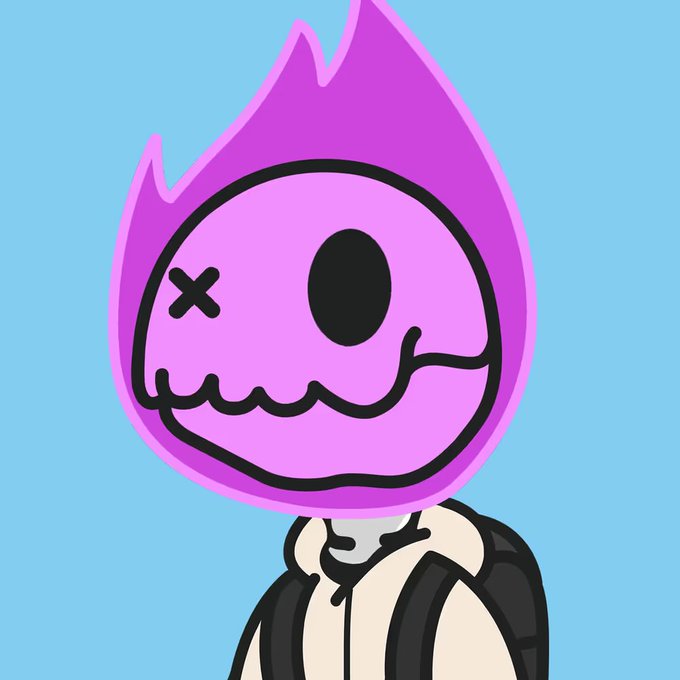 A stylized cartoon character featuring a purple flame-shaped head with an 'X' for one eye and a black oval for the other, wearing a white and black jacket against a light blue background.