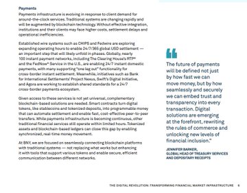 The image shows a magazine article titled "Payments" discussing how blockchain technology could revolutionize payments infrastructure by enabling faster, more efficient, and transparent transactions. A highlighted pull quote features commentary from **Jeanne Banker, Global Head of Treasury Services and Depositary Receipts at BNY**, stating: *"The future of payments will be defined not just by how fast we can move money, but by how seamlessly and securely we can embed trust and transparency into every transaction. Digital solutions are emerging at the forefront, rewriting the rules of commerce and unlocking new levels of financial inclusion."*

The article connects directly to the post's theme by highlighting BNY's $2T+ daily payment processing and its vision for trust and transparency in transactions—aligning with the goals of blockchain projects like **$LINK, $QNT, $HBAR, and $XLM**, which are focused on interoperability and revolutionizing financial infrastructure.